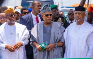 Ondo State Governor, Lucky Aiyedatiwa, Vice President Kashim Shettima (middle) and Governor Dapo Abiodun of Ogundele State at the celebration marking the 100years birthday of Pa Fasoranti in Ekiti State 